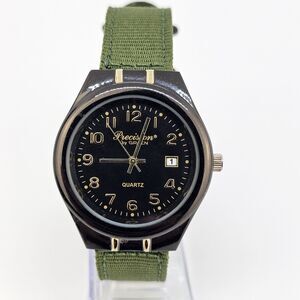 Gruen‎ Precision Men's Watch 38MM Black Dial Date New Green Canvas Bands Battery